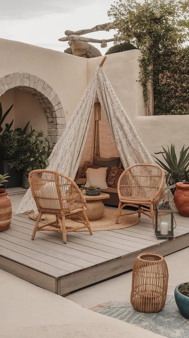 This Bali-style boho terrace is a dream come true.  The outdoor decor, featuring a charming boho tent on a wooden platform, blends seamlessly with the Mediterranean landscaping and rustic garden elements.  Perfect for lounging in the rattan garden seating and soaking up the sun.