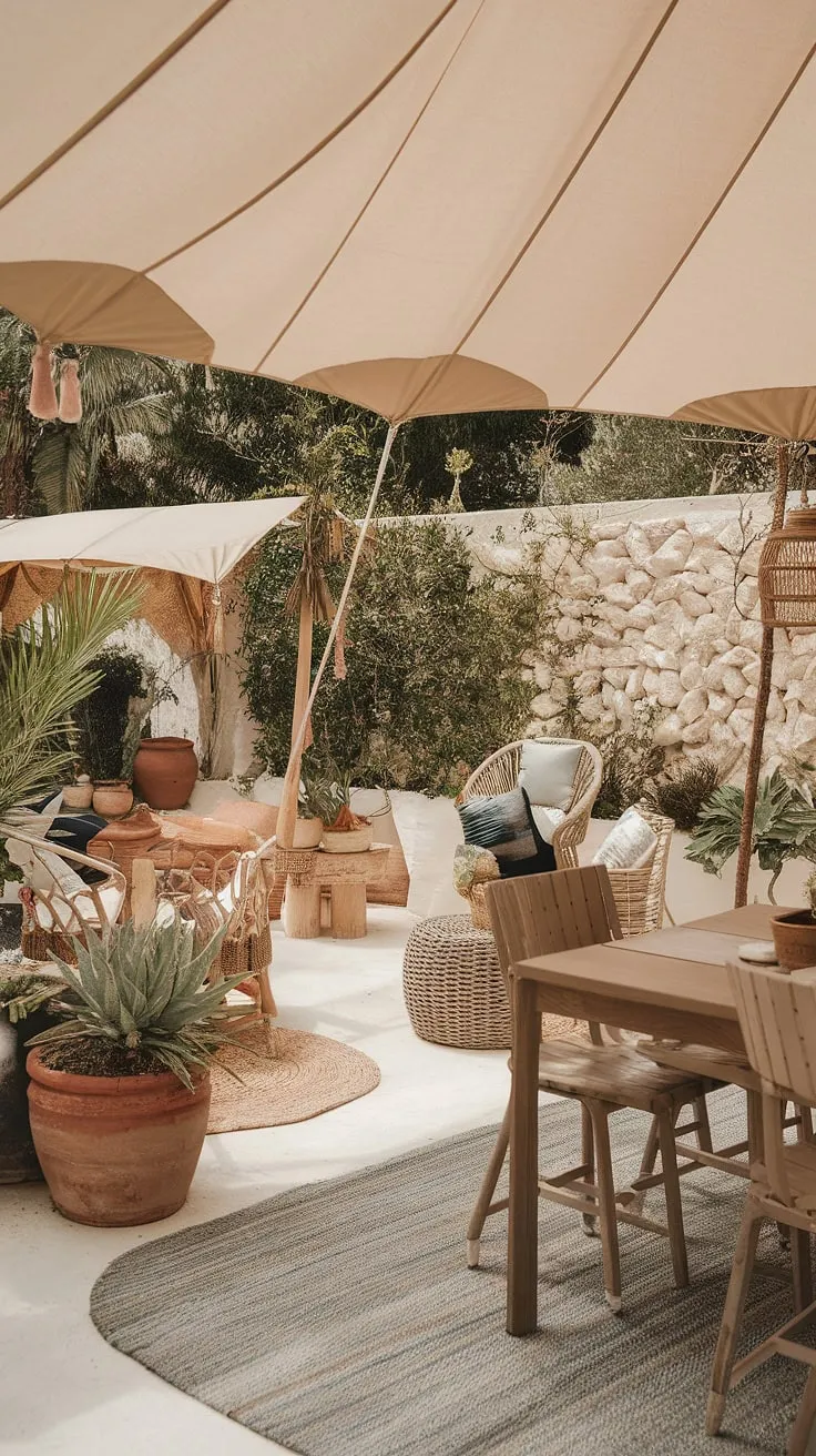 Indulge in the bohemian spirit of this Bali-style retreat.  A charming boho tent anchors the outdoor patio decor on this picturesque boho terrace, surrounded by vibrant potted plants and rustic garden decor.  The Mediterranean landscaping provides a stunning backdrop to the inviting garden seating.