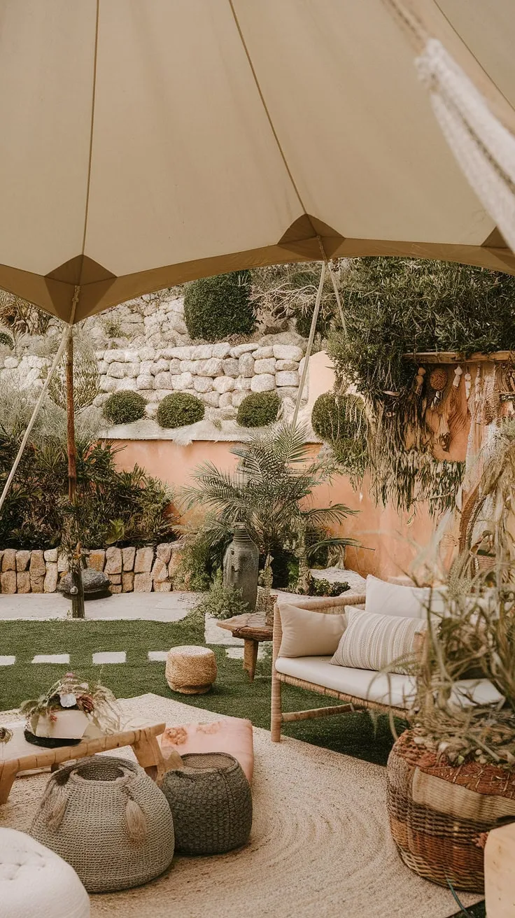 Escape to paradise on this boho terrace, where a whimsical boho tent awaits amidst lush mediterranean landscaping.  Rustic garden decor and comfortable garden seating create the perfect Bali style oasis, complemented by charming outdoor patio decor.