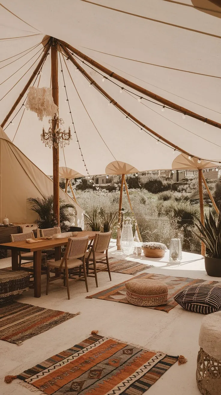 Indulge in the bohemian spirit of this outdoor oasis.  A stunning boho tent, crafted with exquisite wooden details, anchors this boho terrace, complemented by carefully curated outdoor decor and inviting garden seating. The Mediterranean landscaping and Bali style elements create a truly unforgettable escape.