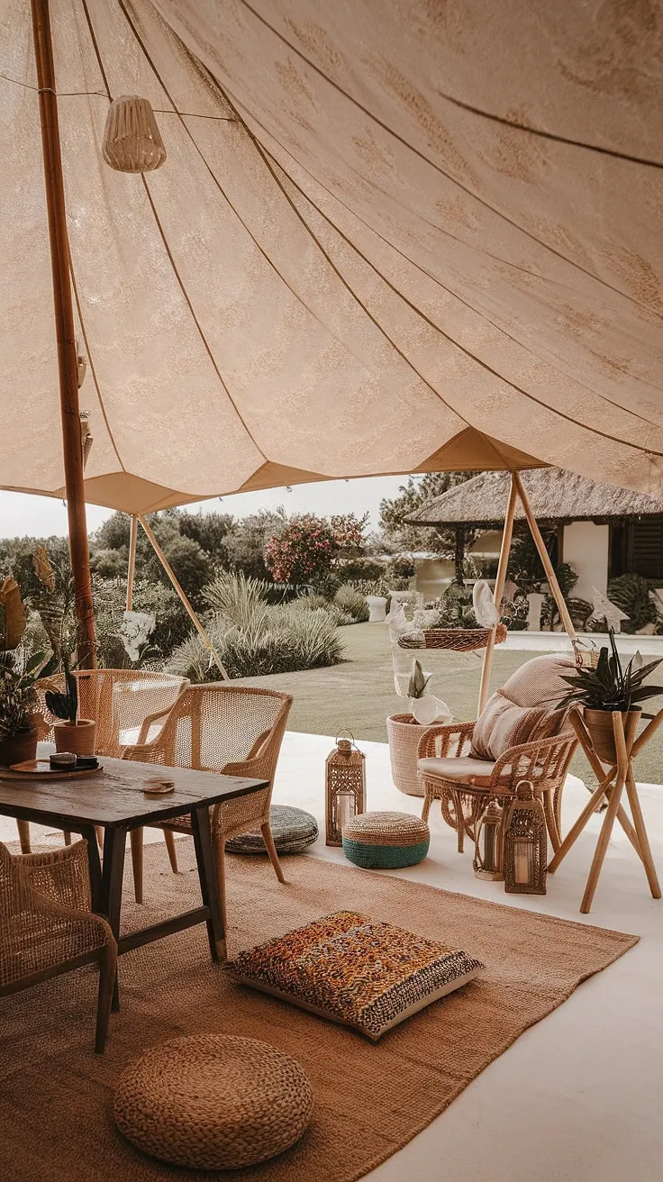 Imagine waking up in this dreamy boho tent, nestled on a boho terrace overlooking a vibrant Mediterranean landscaping.  The outdoor decor is a curated collection of rustic garden decor, creating a cozy and inviting outdoor patio space.  Comfortable garden seating, woven rugs, and lanterns complete the scene, while a Bali-style structure peeks through the lush greenery, adding a touch of exotic charm to this idyllic retreat.