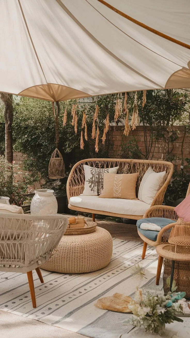 Escape to this dreamy boho terrace, where a whimsical boho tent awaits amidst lush Mediterranean landscaping.  Rustic garden decor and outdoor patio decor create a haven of tranquility, complemented by comfortable garden seating and a relaxing Bali style sofa.