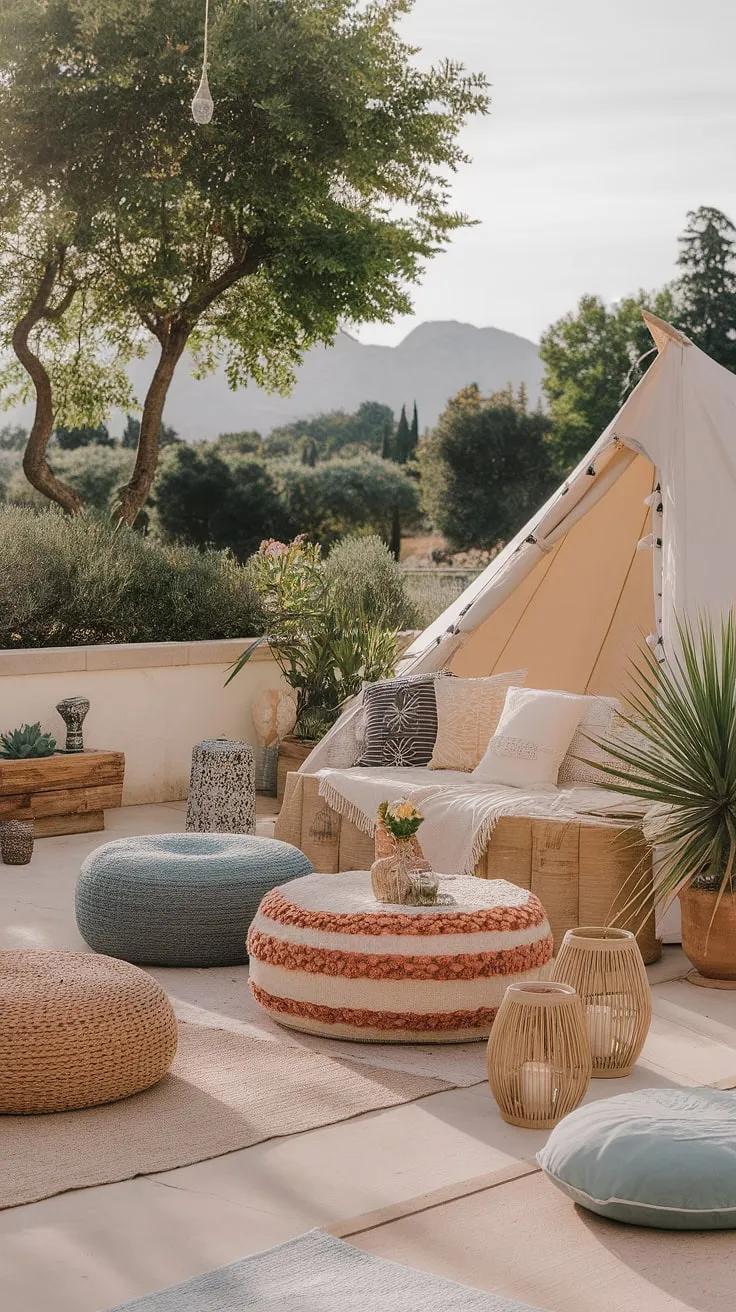 Indulge in the tranquility of this boho terrace, a haven of outdoor decor and Bali-style charm.  The boho tent, nestled amongst Mediterranean landscaping and rustic garden decor, offers a secluded retreat.  Enjoy the comfortable garden seating and outdoor patio decor while taking in the breathtaking mountain backdrop.