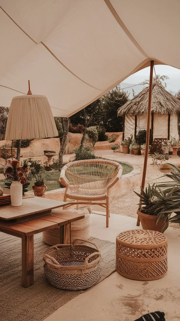 Imagine unwinding on this idyllic boho terrace, the gentle breeze rustling through the plants surrounding your cozy boho tent.  Outdoor decor blends seamlessly with the rustic garden decor, creating a haven of peace.  The Mediterranean landscaping and nearby Bali-style hut add to the exotic charm, making this outdoor patio the perfect spot for relaxation.