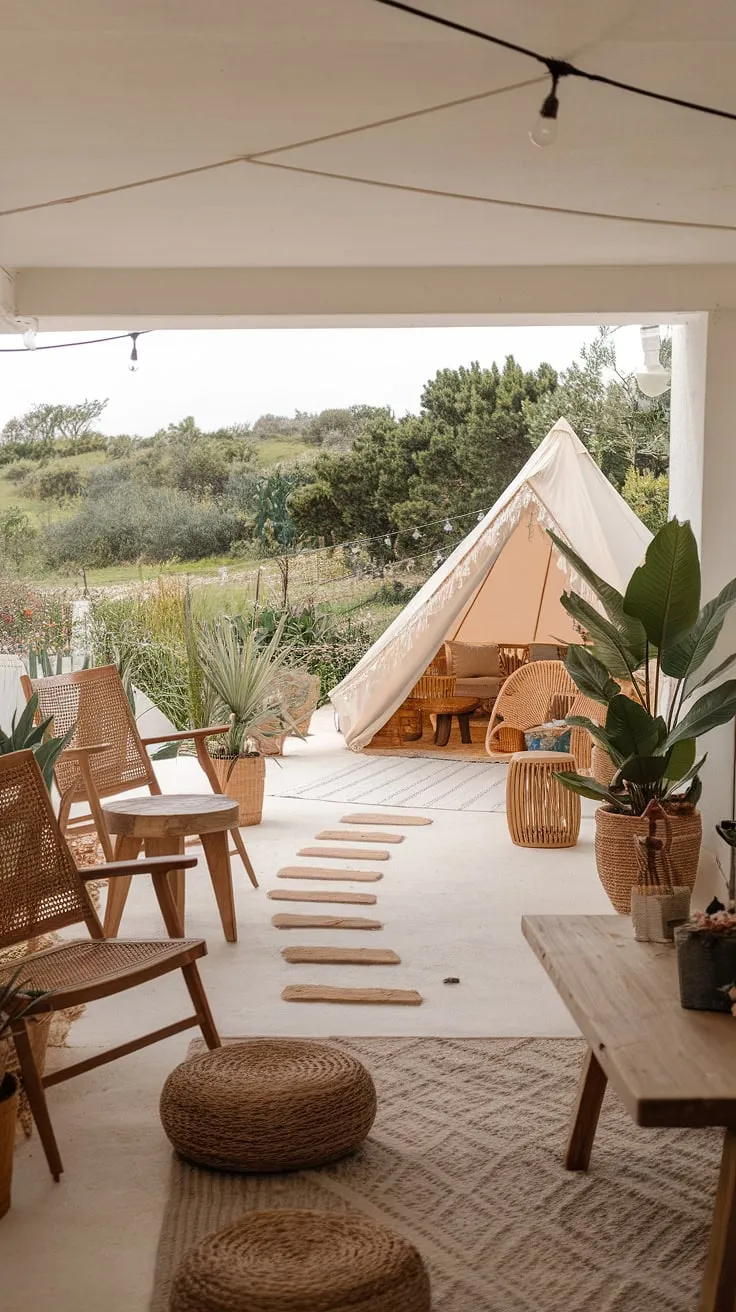 Escape to tranquility on this boho terrace, where a Bali-style boho tent awaits amidst rustic garden decor and lush mediterranean landscaping.  The outdoor patio decor, including comfortable garden seating, creates the perfect serene retreat.