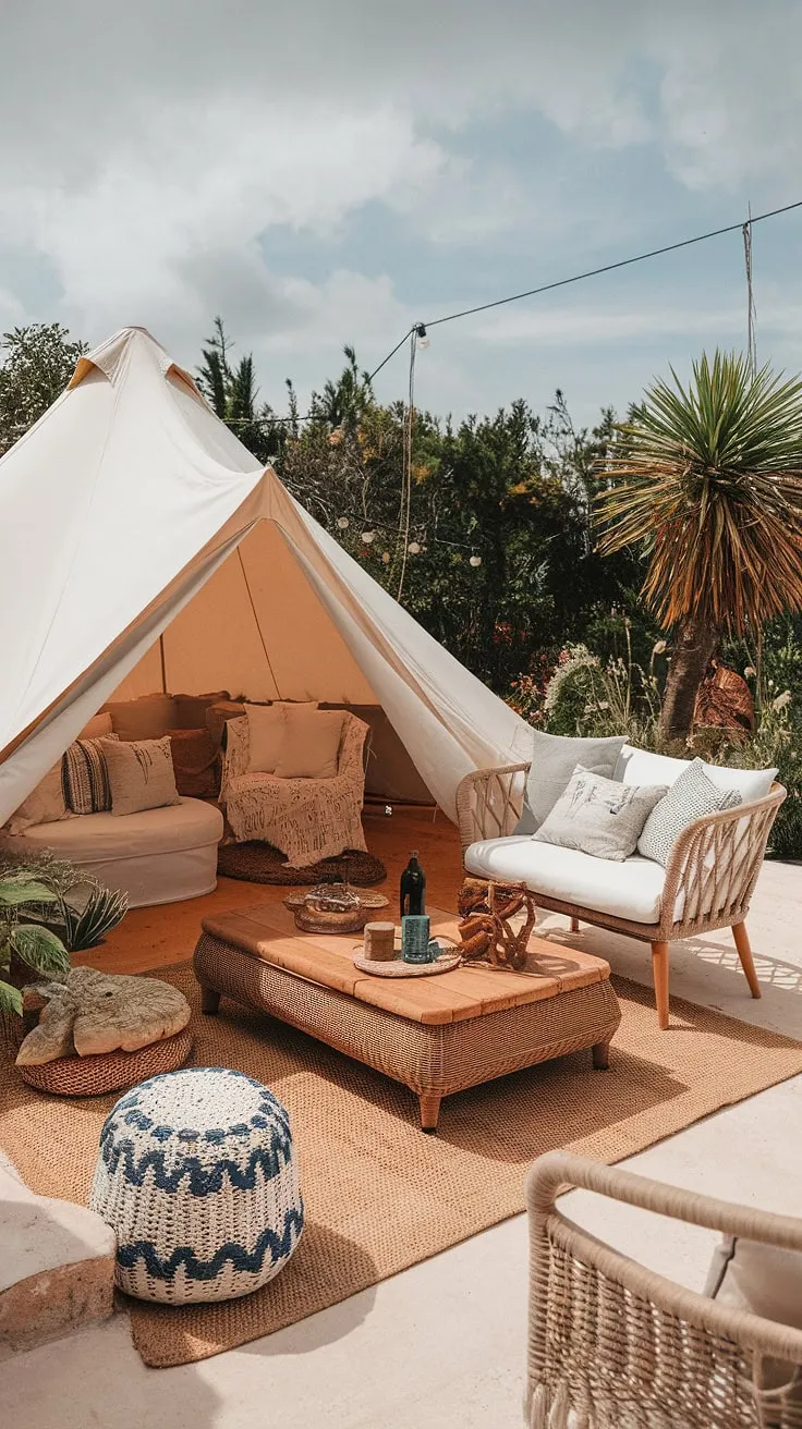 Imagine waking up in this enchanting boho tent, nestled on a boho terrace overflowing with Mediterranean charm.  The outdoor decor, including rustic garden decor and subtle Bali style accents, perfectly complements the comfortable garden seating and inviting outdoor patio decor, promising a truly unforgettable escape.