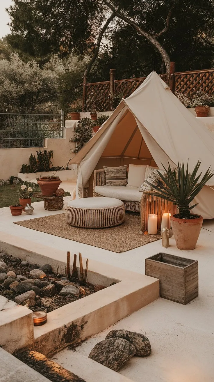 Escape to this tranquil boho terrace, where a Bali-style haven unfolds.  The boho tent beckons, nestled amongst lush Mediterranean landscaping and rustic garden decor. Comfortable garden seating invites relaxation, complemented by charming outdoor patio decor and the warm glow of candlelight.