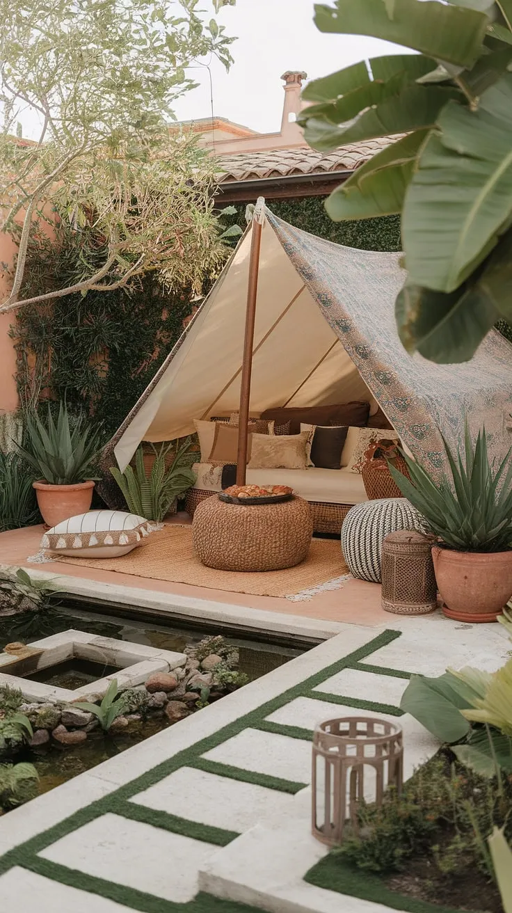 Indulge in the bohemian spirit of this Bali-style oasis.  The boho tent, outdoor patio decor, and carefully curated rustic garden decor blend seamlessly with the Mediterranean landscaping, offering a dreamy escape on this captivating boho terrace.  Relax on the garden seating and let the serenity wash over you.