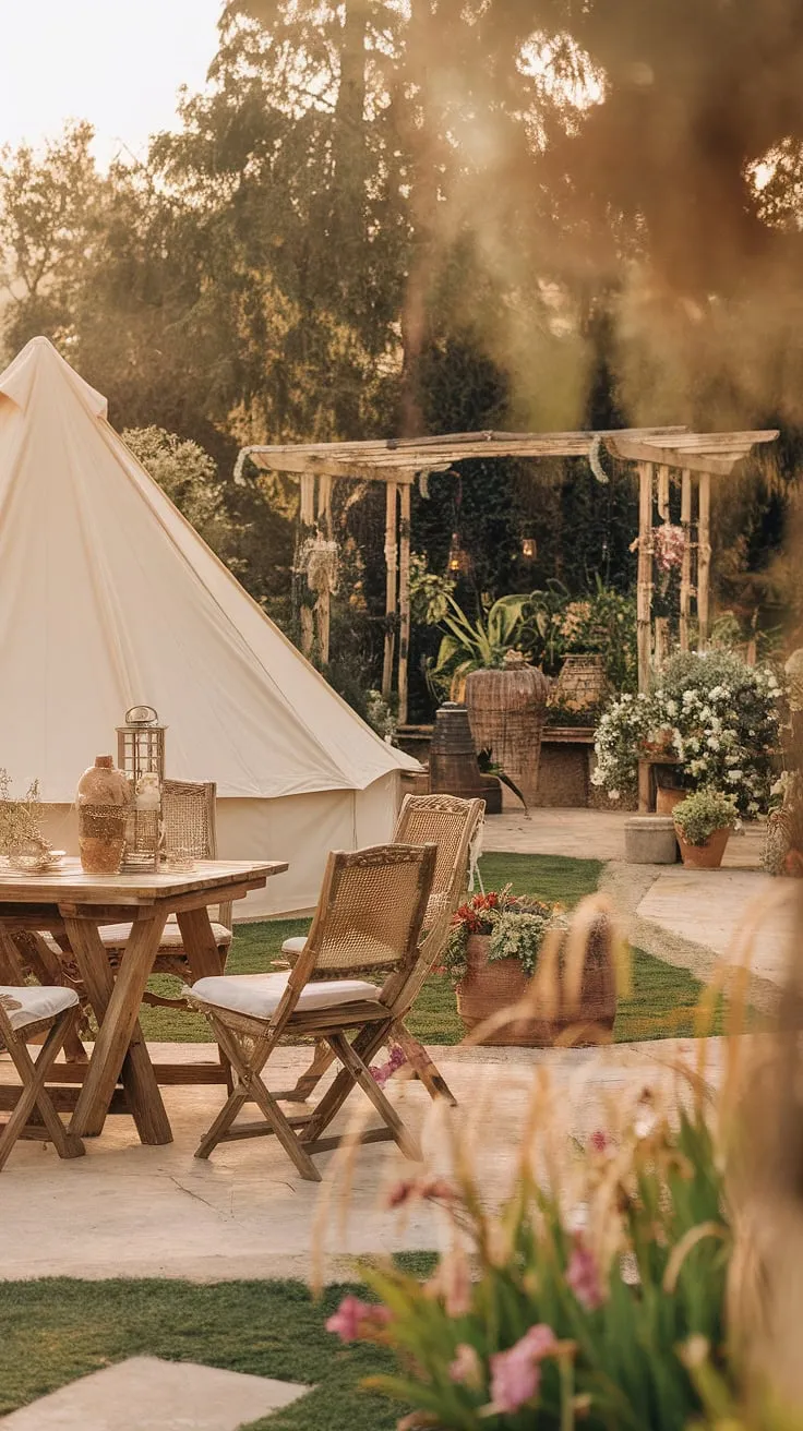 Escape to this idyllic boho terrace, where a Bali-style tent dreams amongst Mediterranean landscaping and rustic garden decor.  Outdoor patio decor and comfortable garden seating invite you to unwind amidst the lush greenery and warm golden light.