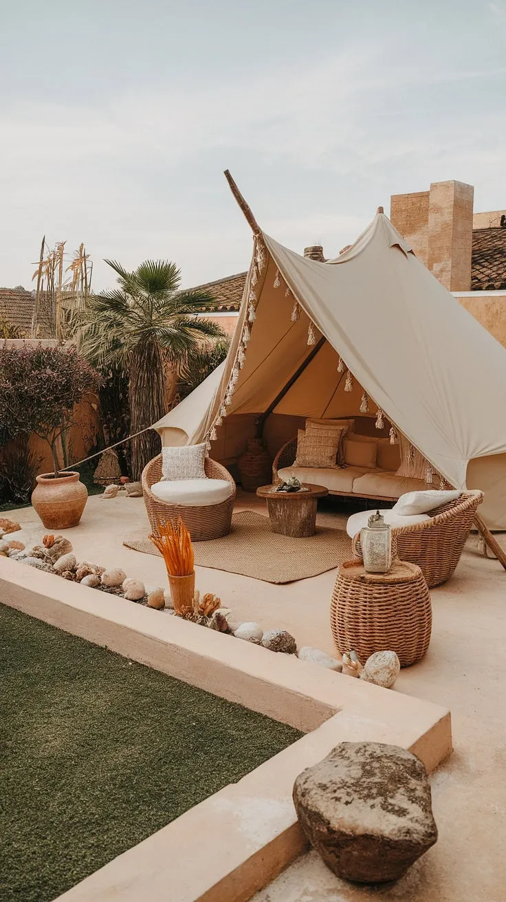 Indulge in the bohemian spirit of this Bali-inspired outdoor space.  A charming boho tent anchors the boho terrace, complemented by inviting garden seating and carefully curated outdoor decor. The rustic garden decor and Mediterranean landscaping complete this tranquil escape.