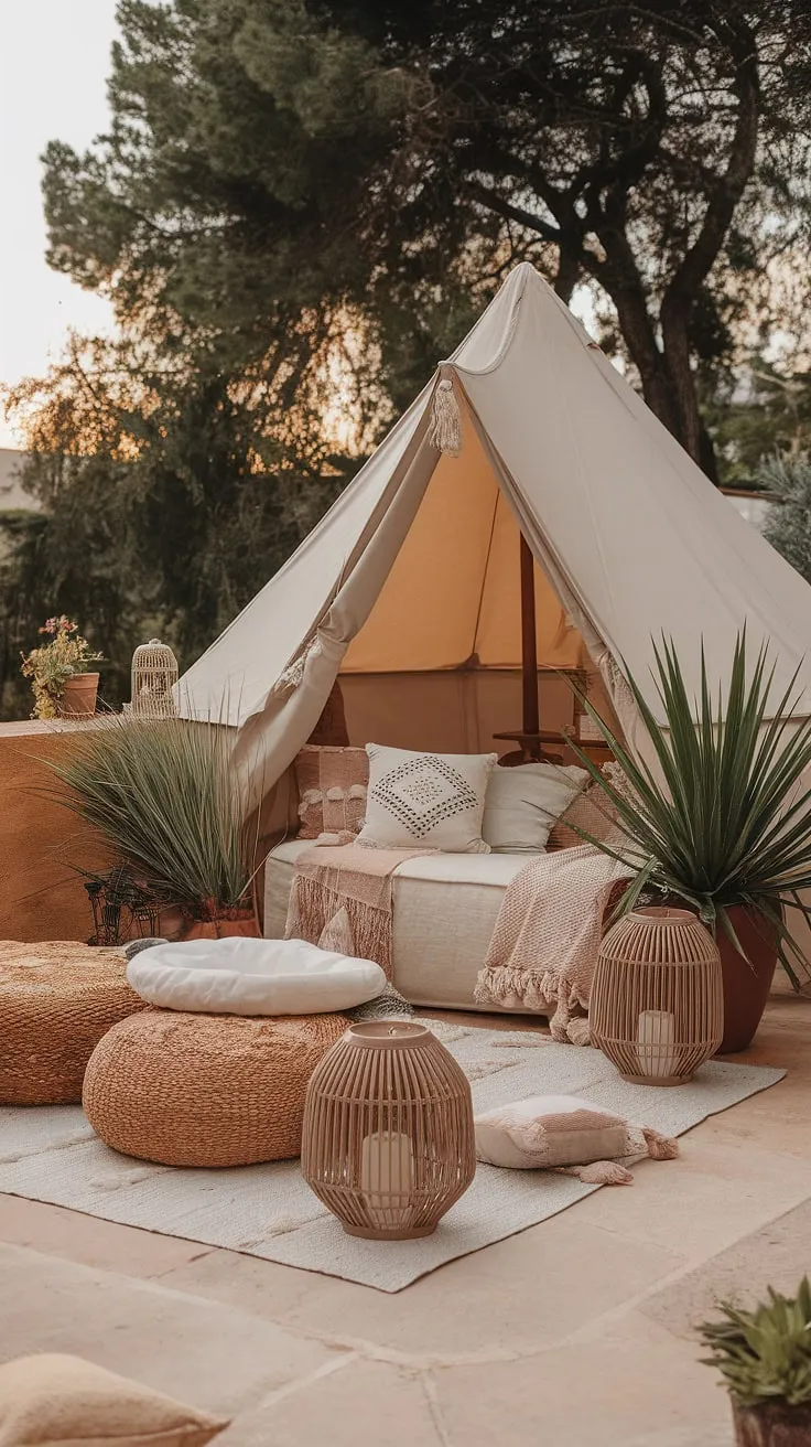 Imagine yourself unwinding in this dreamy boho terrace, a haven of calm with a charming boho tent, exquisite outdoor decor, and inviting garden seating. The rustic garden decor and Mediterranean landscaping, infused with Bali style, create an idyllic outdoor patio retreat, perfect for peaceful moments.