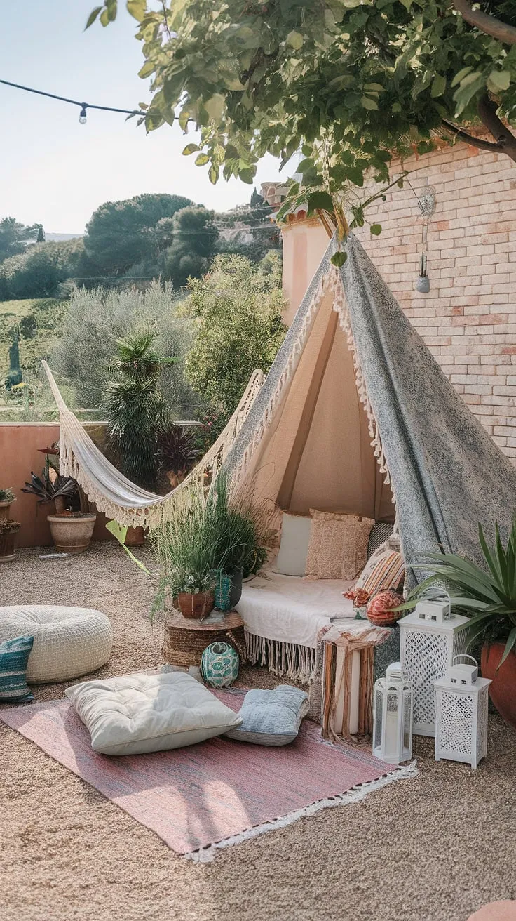 Imagine waking up in this Bali-style boho tent, nestled on a gravel terrace overlooking breathtaking Mediterranean landscaping.  The outdoor decor, including rustic garden features and comfortable garden seating, blends seamlessly with the boho aesthetic, creating a tranquil outdoor patio space perfect for unwinding.