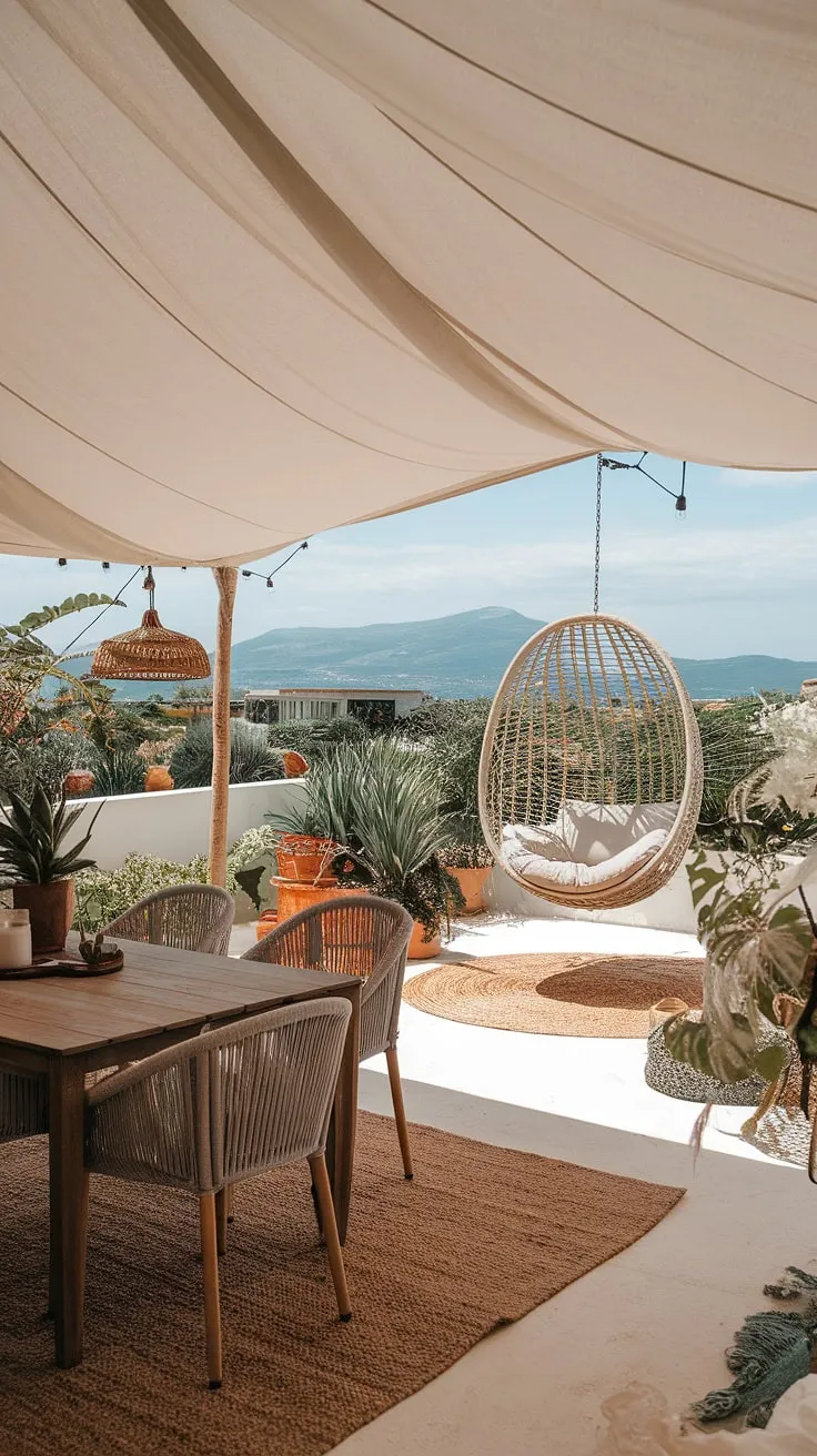 Imagine waking up in this boho tent, nestled on a boho terrace overlooking the Mediterranean.  The outdoor decor, from the intricately woven rug to the wooden table and chairs, perfectly blends Bali style with rustic garden decor.  Enjoy your morning coffee amidst the vibrant Mediterranean landscaping and let the gentle sea breeze carry away your worries.