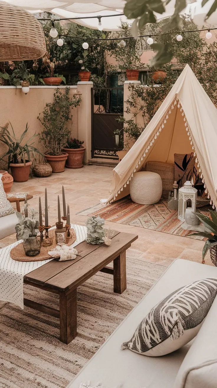 Indulge in the bohemian spirit of this outdoor oasis.  A charming boho tent sits nestled amongst vibrant Mediterranean landscaping, complemented by carefully curated outdoor decor and rustic garden details. This Bali-style boho terrace offers the ultimate in relaxed garden seating and enchanting outdoor patio decor, perfect for unwinding.