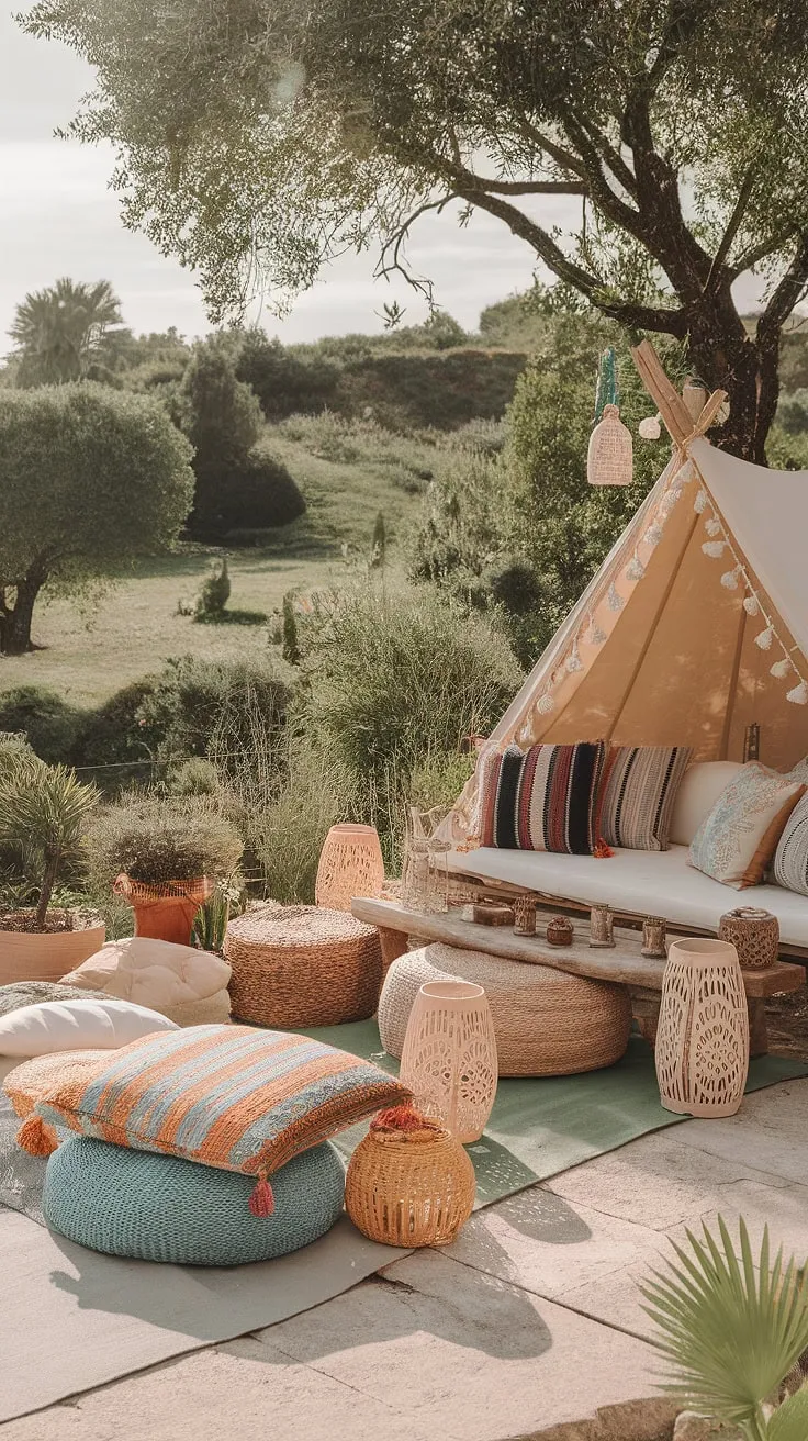 Indulge in the tranquil beauty of this boho terrace, a captivating blend of rustic garden decor, Mediterranean landscaping, and serene Bali style.  Relax in the comfortable garden seating beneath the boho tent, surrounded by vibrant outdoor decor and the soothing sounds of nature.