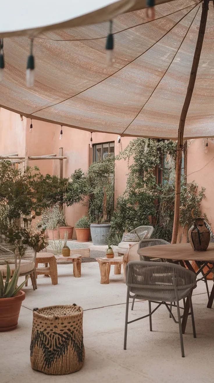 Indulge in the bohemian spirit of this outdoor oasis. A patterned boho tent graces a captivating boho terrace, complemented by outdoor decor, garden seating, and the lush greenery of Mediterranean landscaping.  Rustic garden decor and hints of Bali style complete this tranquil escape.