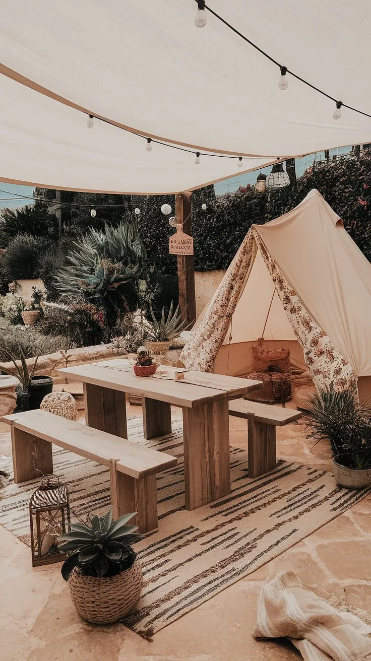 Indulge in the bohemian spirit of this outdoor patio decor haven. A charming boho tent, nestled amongst vibrant potted plants and a wooden table with benches, offers a tranquil retreat. This boho terrace, complete with rustic garden decor and hints of bali style, is a testament to effortless mediterranean landscaping.