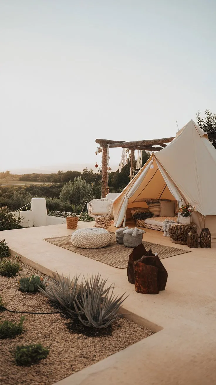 Escape to this dreamy boho terrace, where a Bali-style boho tent awaits amidst rustic garden decor and lush Mediterranean landscaping.  The perfect blend of outdoor patio decor and garden seating creates an idyllic retreat.