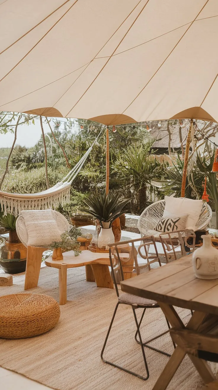 Indulge in the bohemian spirit of this outdoor oasis.  A charming boho tent anchors the space, complemented by carefully curated outdoor decor, garden seating, and rustic garden decor.  The Mediterranean landscaping and Bali style create a truly unique and inviting atmosphere.