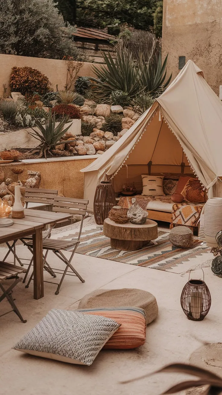 Indulge in the bohemian spirit of this outdoor oasis.  A charming boho tent, nestled amongst captivating outdoor decor and inviting garden seating, defines this boho terrace.  The rustic garden decor and Mediterranean landscaping, with a touch of Bali style, complete the idyllic setting.