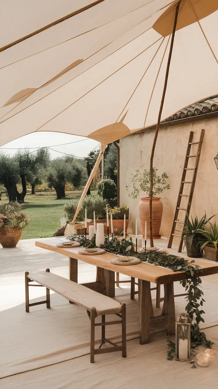 Escape to this dreamy boho terrace, where a large beige boho tent creates a haven of tranquility amidst the lush Mediterranean landscaping.  The rustic garden decor, including the charming garden seating and outdoor patio decor, perfectly complements the Bali style ambiance.