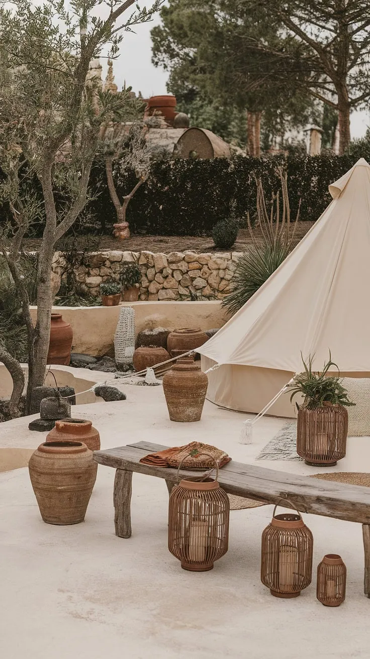 Escape to paradise on this boho terrace, where a dreamy boho tent awaits amidst rustic garden decor and lush Mediterranean landscaping.  The perfect blend of Bali style and outdoor patio decor creates an idyllic garden seating area for relaxation and unforgettable moments.