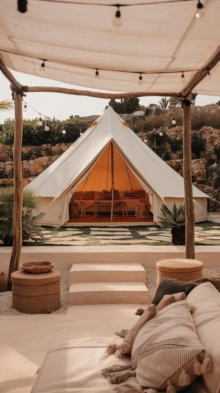 Escape to paradise on this boho terrace, where a rustic garden decor boho tent dreams amidst Mediterranean landscaping.  The bali style garden seating invites you to unwind and soak in the tranquil atmosphere, a perfect blend of outdoor decor and outdoor patio decor.