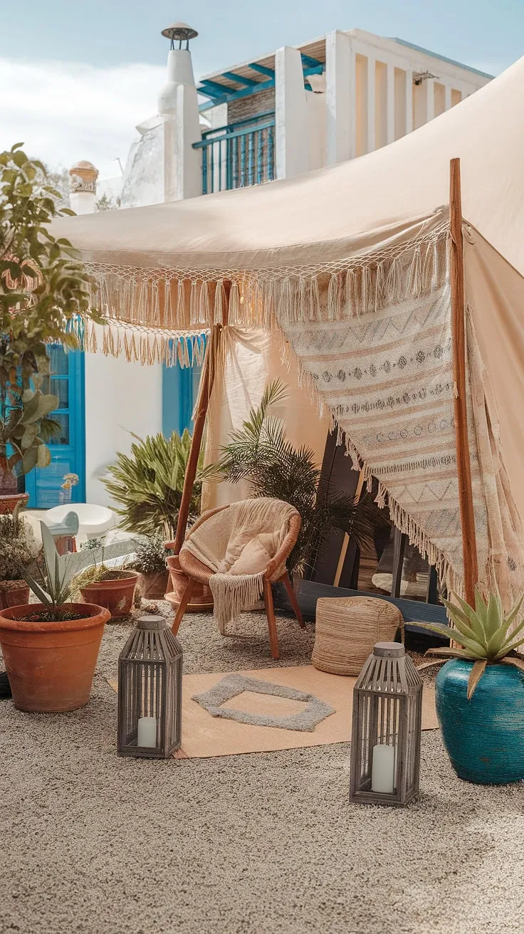 Imagine yourself unwinding on this boho terrace, the gentle breeze rustling through the fringes of the boho tent.  Rustic garden decor, potted plants, and lanterns illuminate the gravel path, creating a captivating outdoor decor scene against the backdrop of a charming Mediterranean building. This Bali-style outdoor patio and garden seating area is pure bliss.