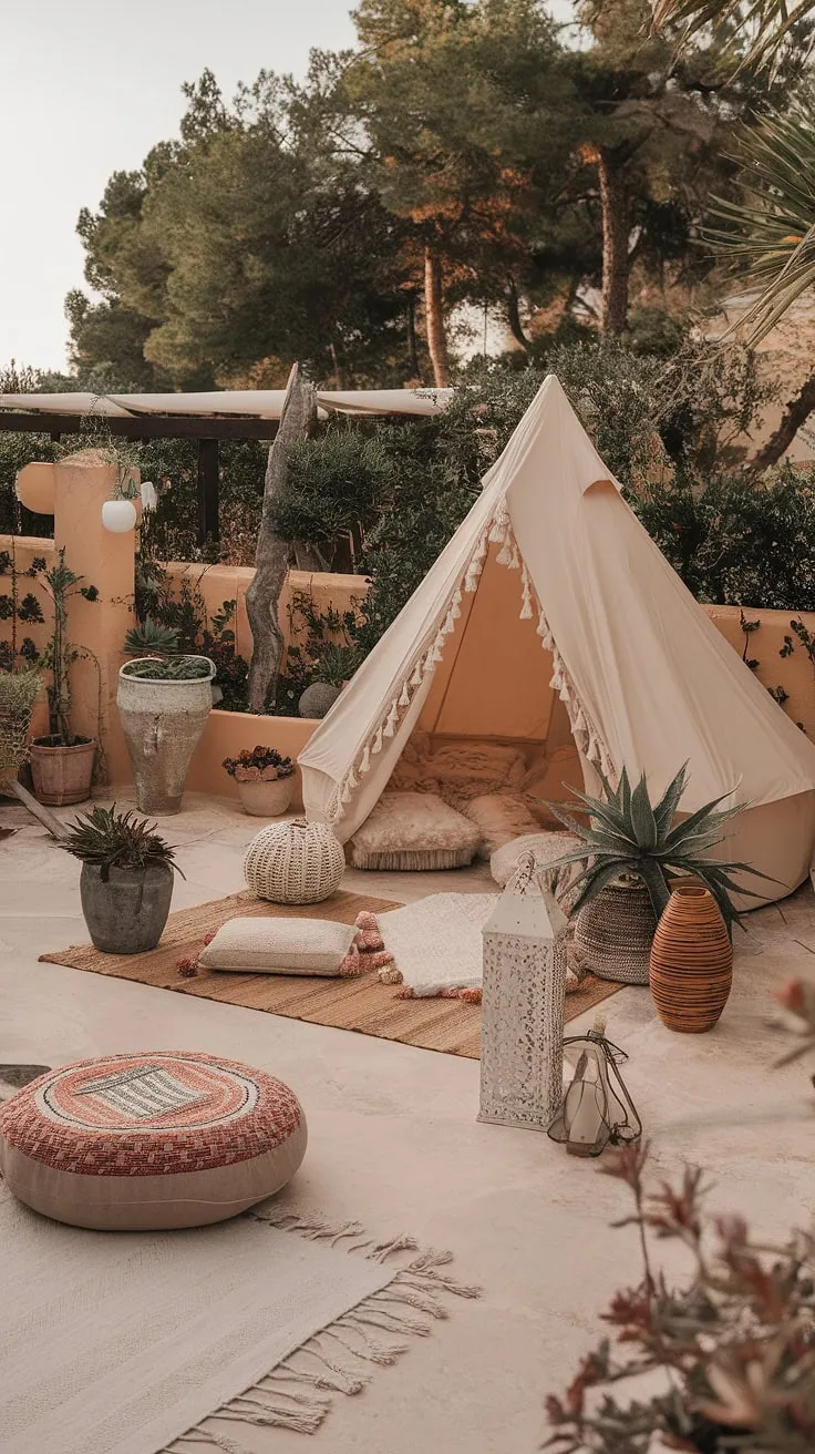 Escape to tranquility on this boho terrace, where a Bali-style boho tent awaits amidst rustic garden decor and lush Mediterranean landscaping.  The perfect outdoor patio decor for dreamy garden seating and relaxed evenings.