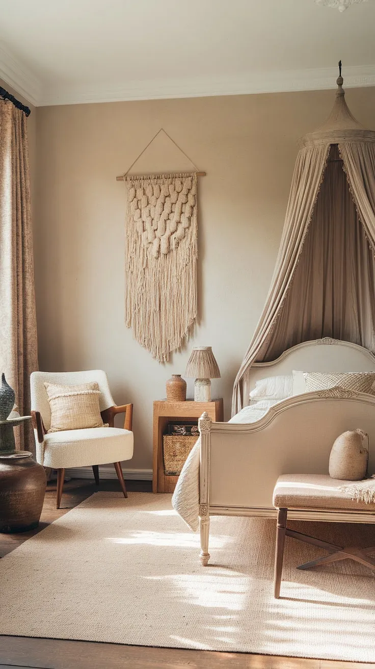 Dreamy vintage bedroom ideas come to life in this space.  The blend of boho furniture and contemporary vintage decor results in a truly unique vintage chic bedroom. This boho vintage bedroom showcases the beauty of modern vintage decor and vintage boho furniture.