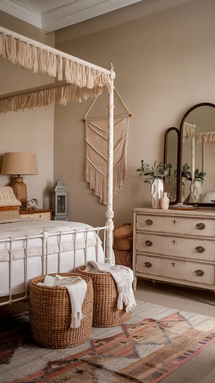 Dreamy escape in this boho vintage bedroom.  Vintage boho furniture and contemporary vintage decor blend seamlessly, creating a vintage chic bedroom that's both stylish and relaxing.  Find inspiration for your own vintage bedroom ideas here.