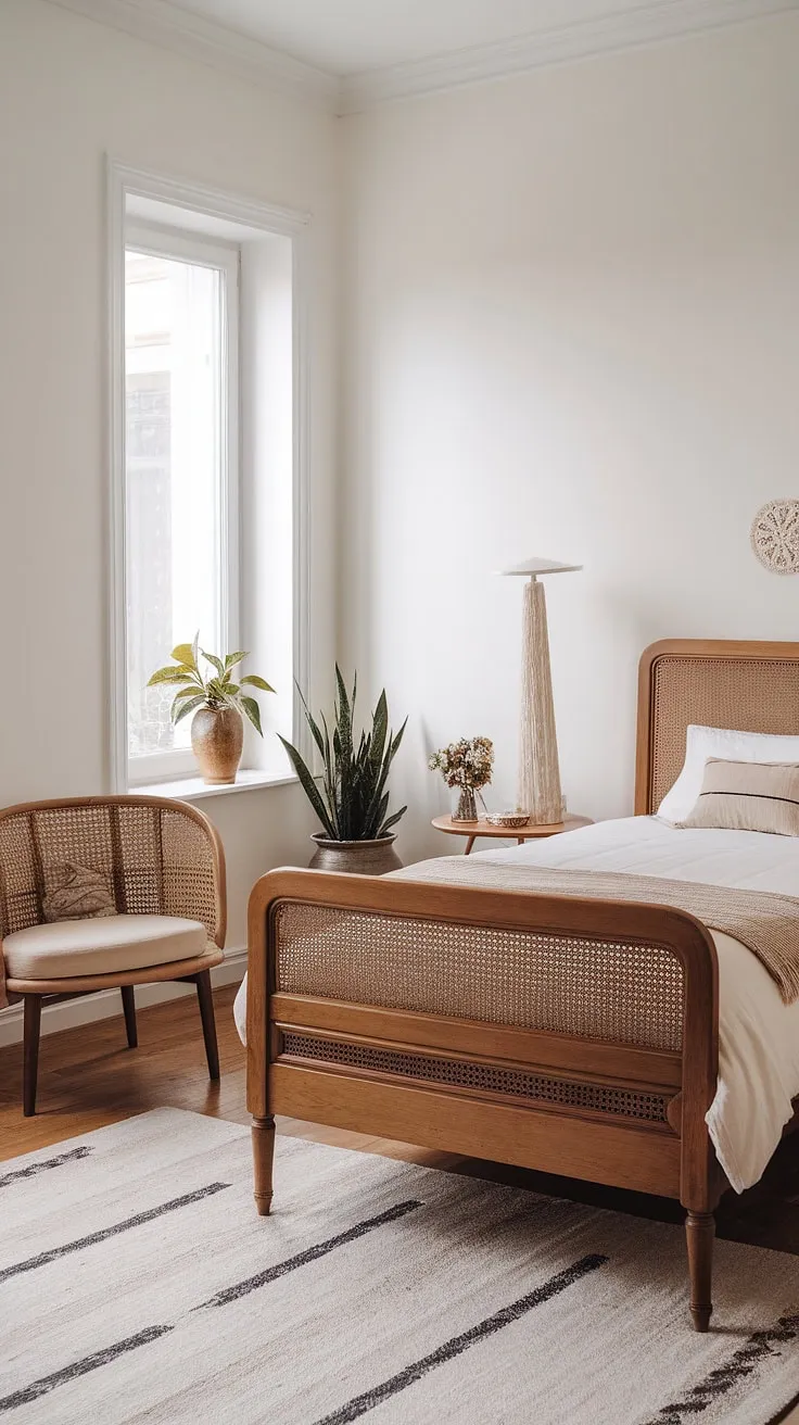 This vintage chic bedroom effortlessly blends boho furniture and modern vintage decor.  Discover vintage bedroom ideas with a touch of contemporary flair, showcasing the beauty of vintage boho furniture in a stunning boho vintage bedroom.