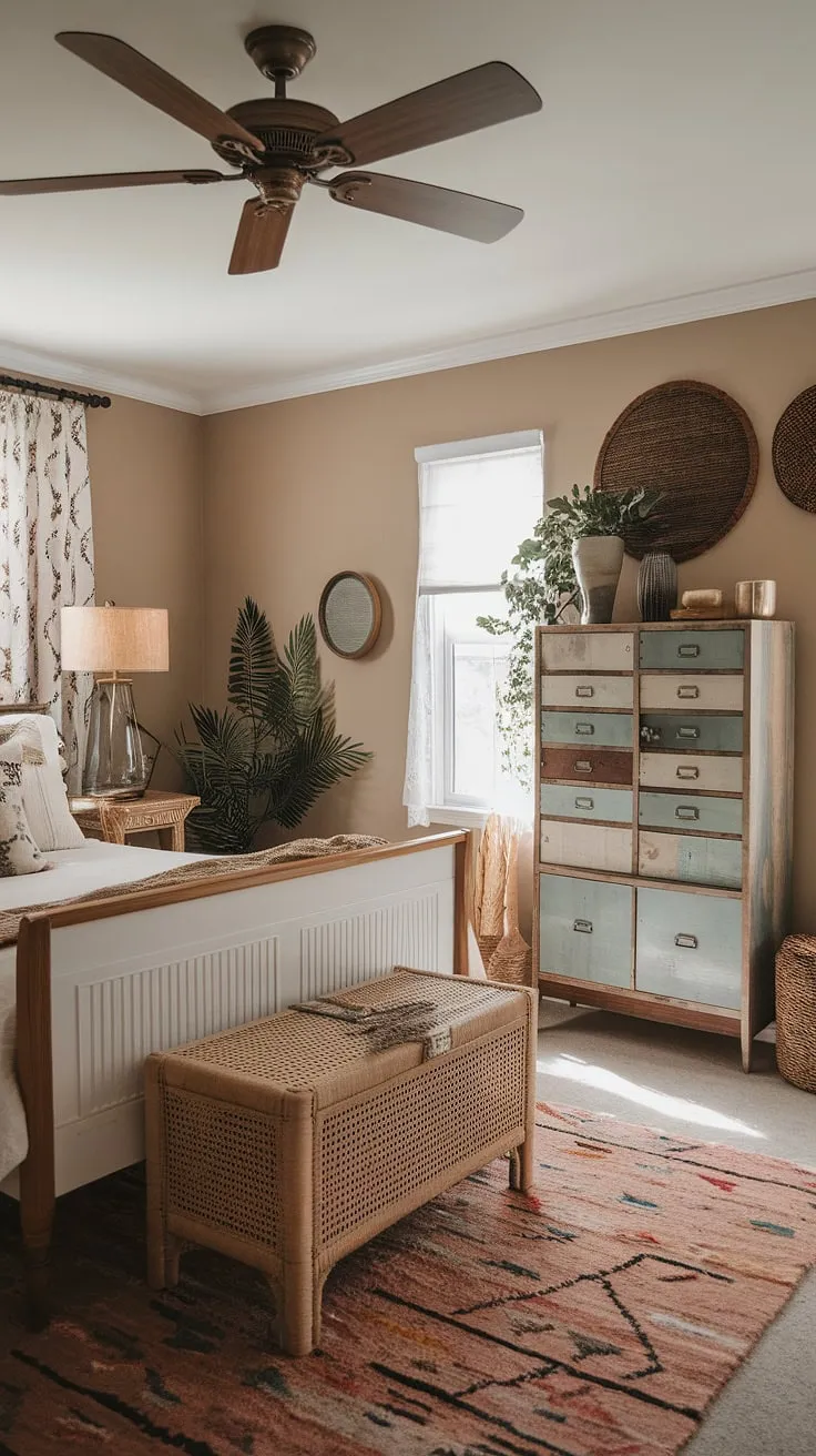 Dreamy escape in this boho vintage bedroom.  Vintage boho furniture blends seamlessly with contemporary vintage decor, creating a vintage chic bedroom that's both effortlessly stylish and wonderfully inviting.  Explore these vintage bedroom ideas for your own space.
