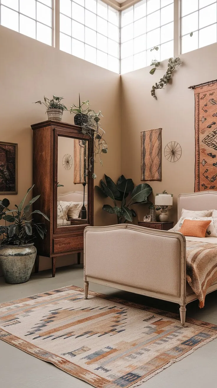 This vintage chic bedroom showcases the beauty of modern vintage decor.  Boho furniture and vintage boho furniture blend seamlessly, offering a fresh take on vintage bedroom ideas.  Discover the charm of contemporary vintage decor in this inspiring space.
