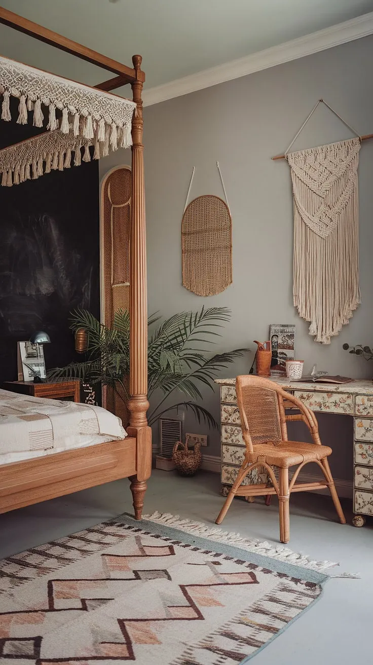 Dreamy escape in this boho vintage bedroom.  Vintage boho furniture and contemporary vintage decor blend seamlessly, creating a vintage chic bedroom that's both stylish and inviting.  Find inspiration for your own vintage bedroom ideas here.