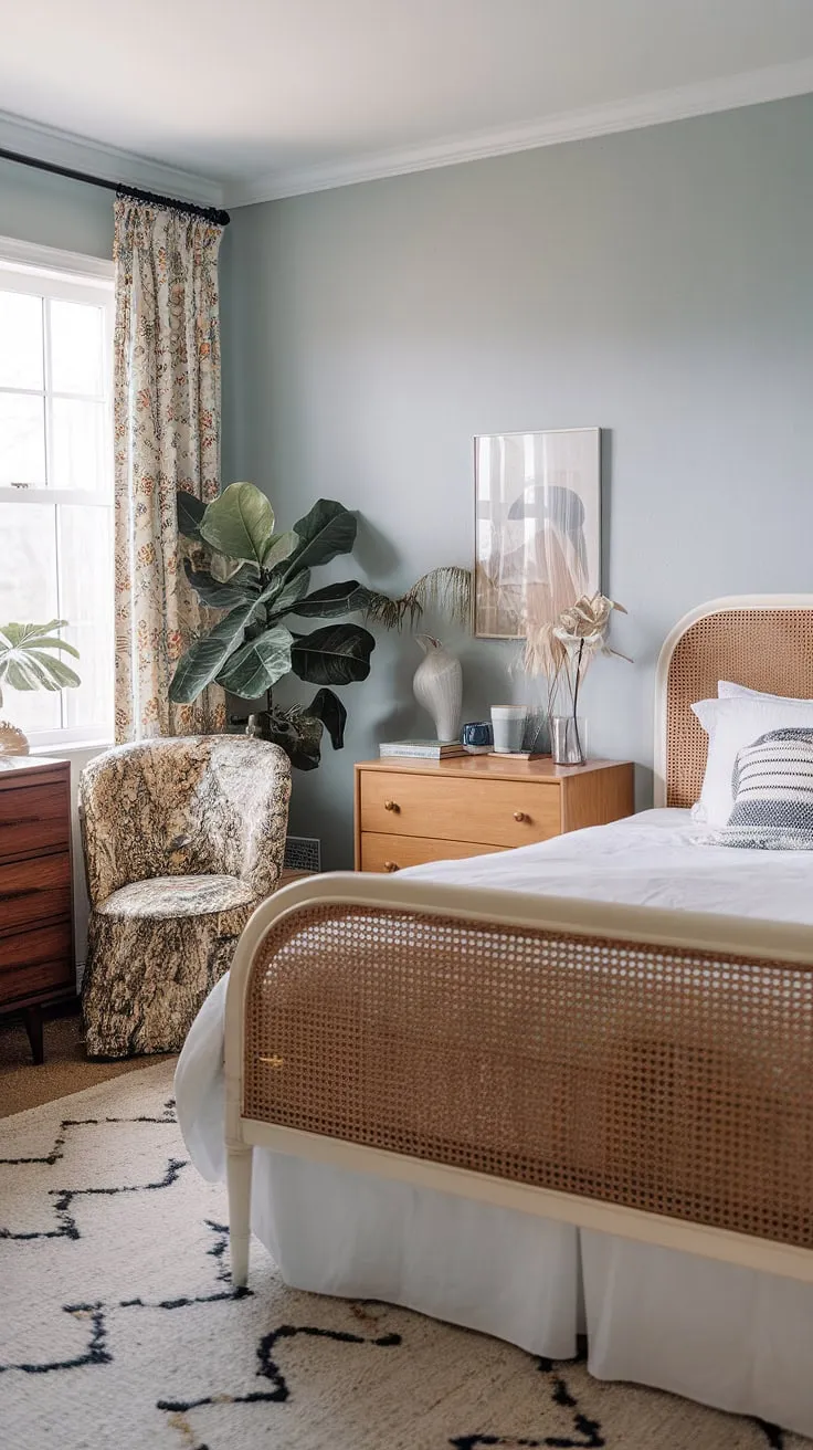 This vintage chic bedroom seamlessly blends boho furniture with modern vintage decor.  Discover vintage bedroom ideas that capture the essence of relaxed luxury.  The result? A captivating space showcasing the best of vintage boho furniture and contemporary vintage design.