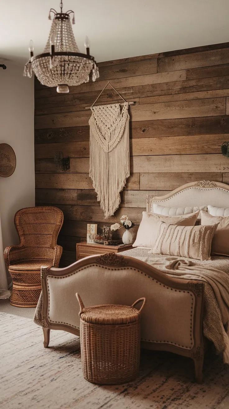 This vintage chic bedroom showcases the best of modern vintage decor.  Boho furniture blends seamlessly with the wooden plank walls and vintage chandelier, creating a truly unique and inviting boho vintage bedroom. Discover inspiration for your own space with these vintage bedroom ideas and vintage boho furniture choices.