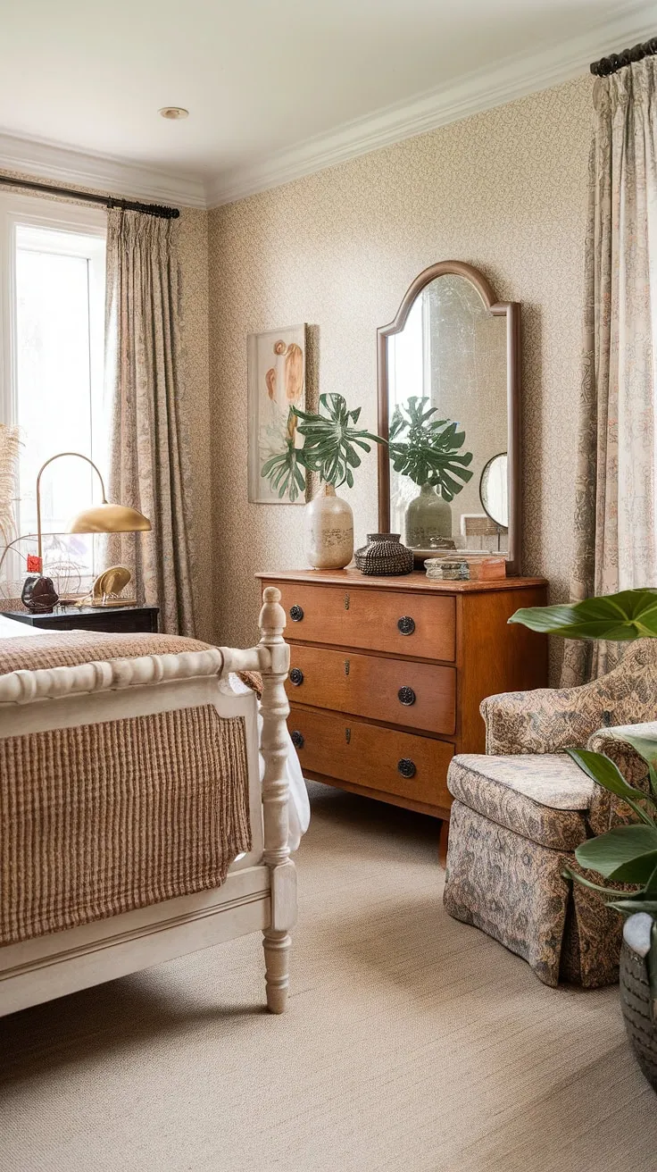 This vintage chic bedroom effortlessly blends boho furniture and modern vintage decor.  Explore vintage bedroom ideas with this inspiring space, showcasing the beauty of vintage boho furniture in a contemporary vintage decor setting.