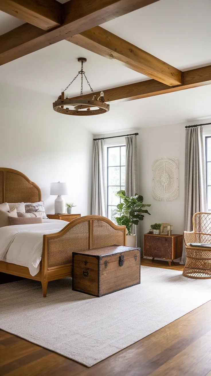 This vintage chic bedroom showcases the best of boho vintage bedroom design.  Vintage furniture finds and carefully curated contemporary vintage decor blend seamlessly, offering a fresh take on vintage bedroom ideas. Discover the magic of vintage boho furniture and modern vintage decor in this inspiring space.