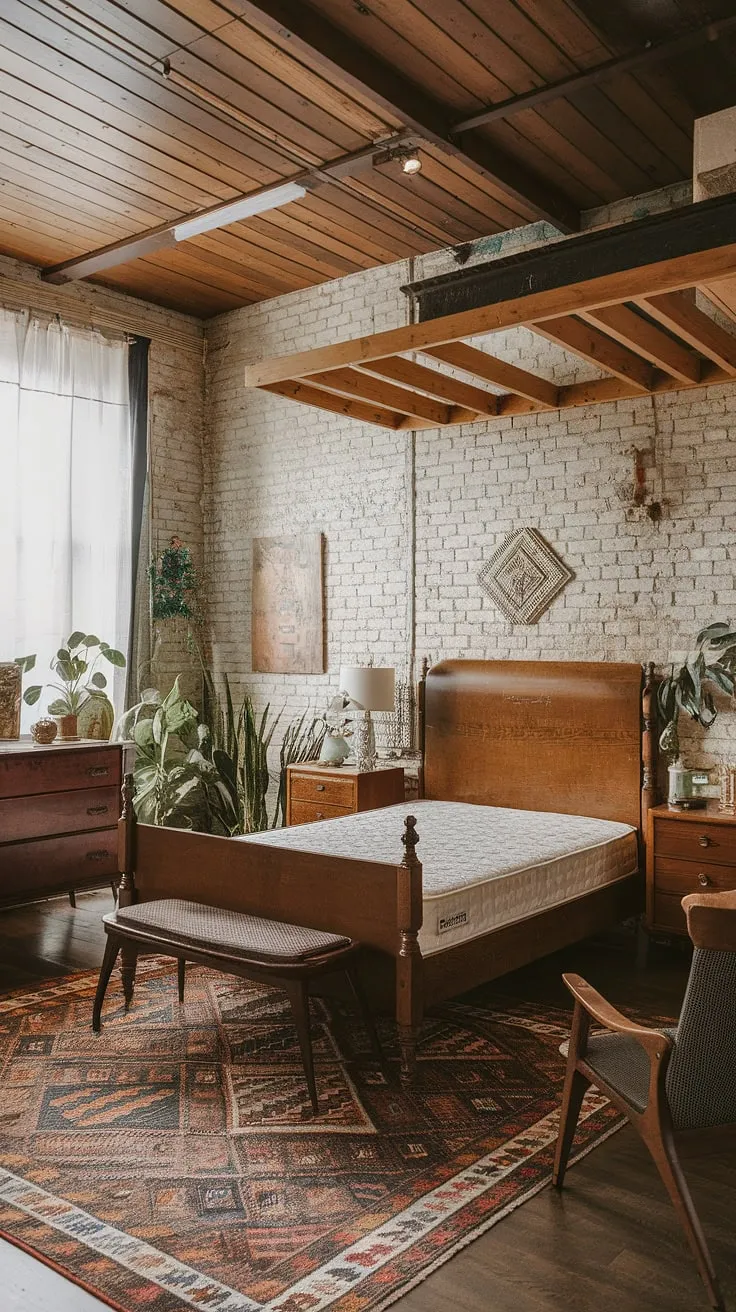 This vintage boho bedroom showcases the best of modern vintage decor.  Boho furniture and contemporary accents create a unique vintage chic bedroom, offering inspiration for your own vintage bedroom ideas.  Embrace the charm of vintage boho furniture in your space.