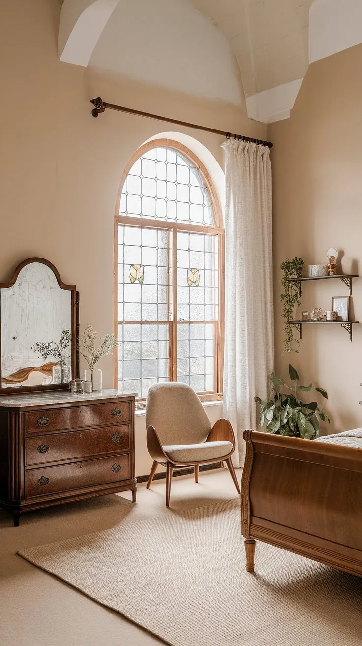 This vintage chic bedroom effortlessly blends boho furniture and modern vintage decor.  Explore vintage bedroom ideas with this inspiring space, showcasing the beauty of vintage boho furniture within a contemporary vintage decor setting.