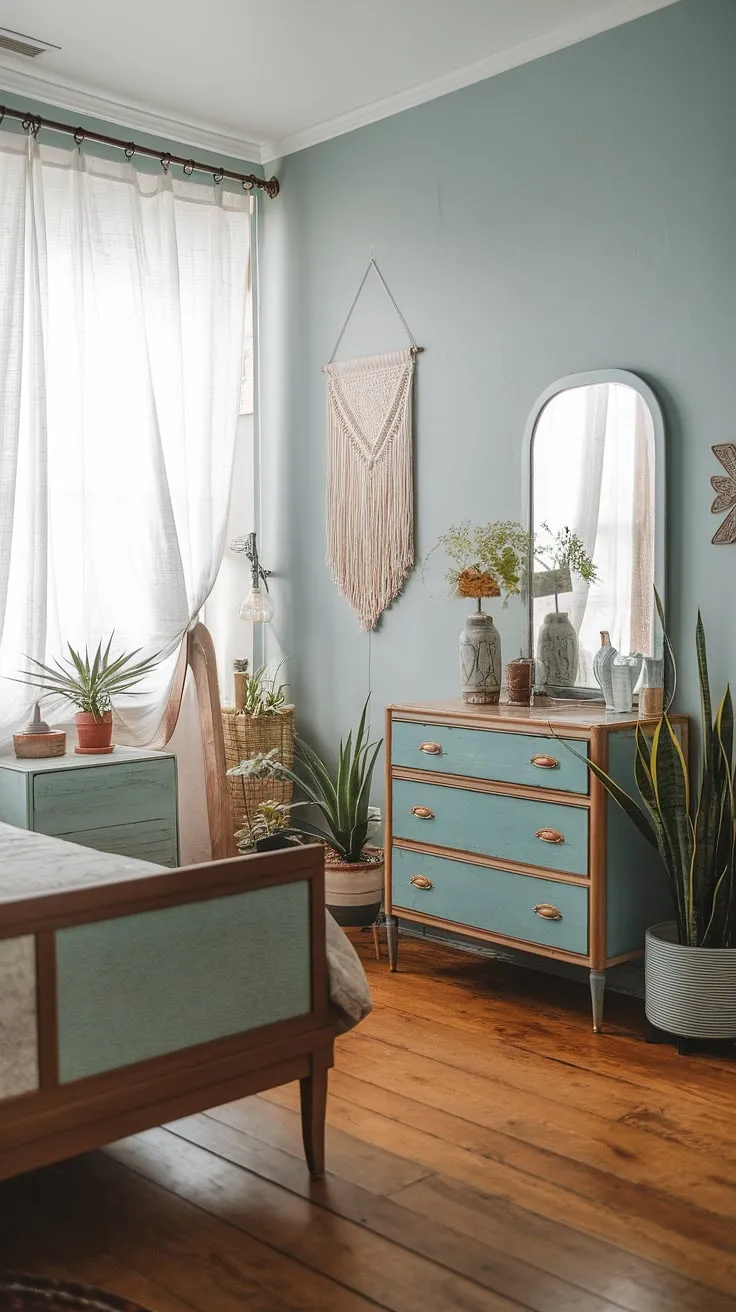 Dreamy escape in this boho vintage bedroom.  Vintage boho furniture blends seamlessly with contemporary vintage decor, creating a vintage chic bedroom that's both effortlessly stylish and wonderfully inviting.  Find inspiration for your own vintage bedroom ideas here.