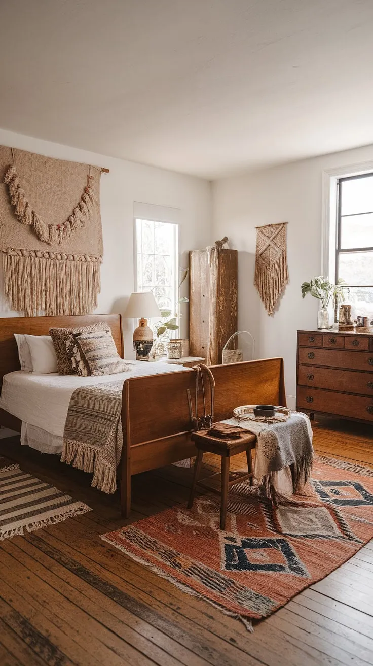 This vintage bedroom showcases the effortless charm of boho furniture.  Vintage chic bedroom design meets modern vintage decor, creating a space that's both relaxed and sophisticated. Discover more inspiration for your own boho vintage bedroom with these vintage bedroom ideas and vintage boho furniture selections.