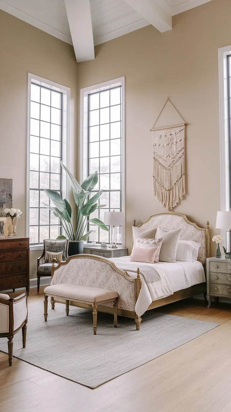 This vintage chic bedroom showcases the beauty of contemporary vintage decor.  Boho furniture and vintage boho furniture blend seamlessly, creating a sophisticated yet relaxed atmosphere. Explore these vintage bedroom ideas for your own space.