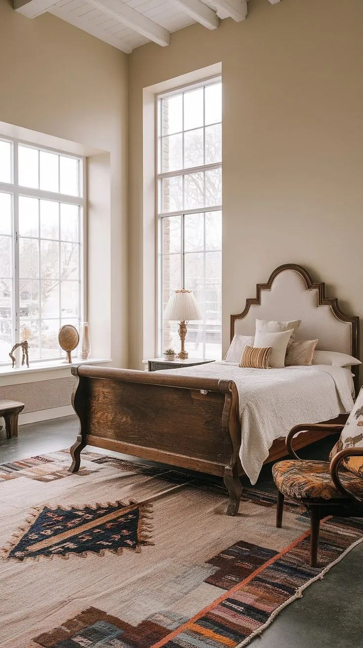 Dreamy vintage chic bedroom showcasing the best of boho vintage furniture and modern vintage decor.  This space masterfully combines vintage bedroom ideas with a contemporary twist, resulting in a sophisticated and relaxed haven.  The blend of vintage boho furniture and carefully chosen accents creates a truly unique and inspiring room.