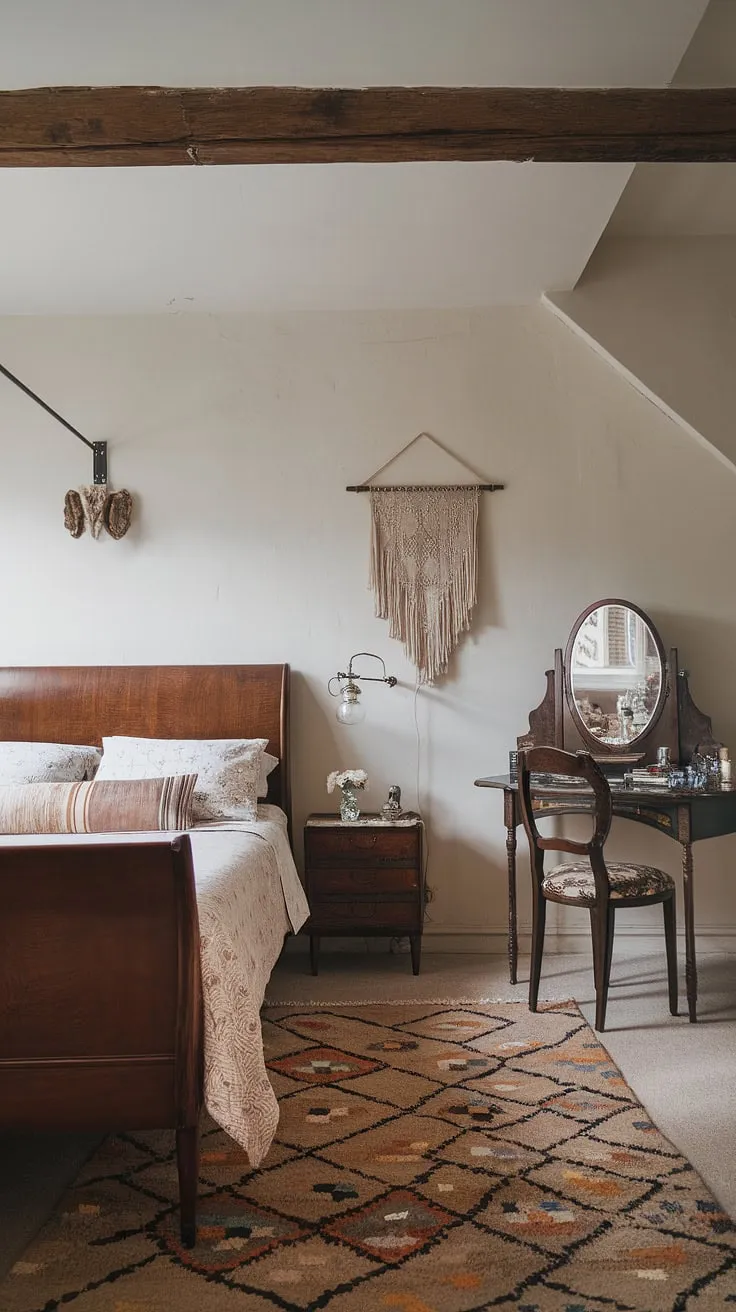 This vintage chic bedroom showcases the beauty of boho furniture.  Vintage bedroom ideas meet modern sensibilities in this stunning space, blending vintage boho furniture with contemporary vintage decor for a truly unique and captivating atmosphere.