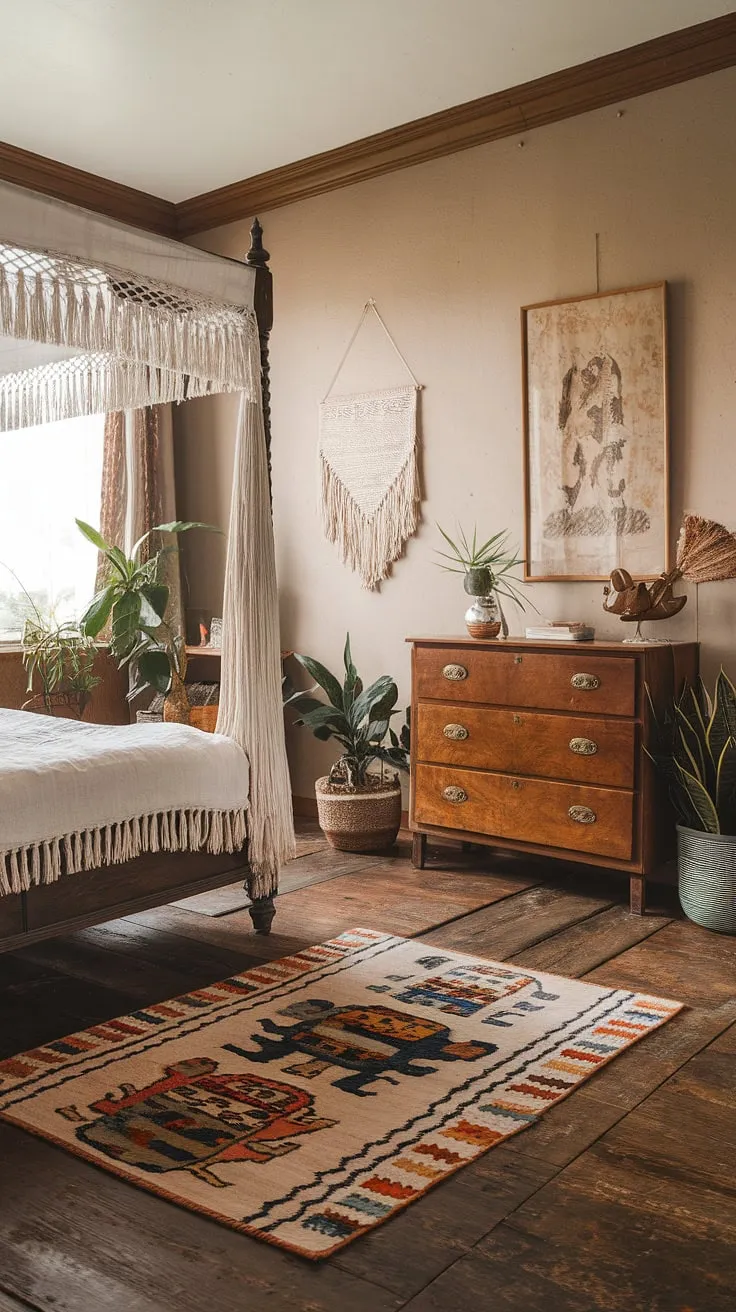 Dreamy escape in this boho vintage bedroom.  Vintage boho furniture and contemporary vintage decor blend seamlessly, creating a vintage chic bedroom that's both stylish and relaxing.  Find inspiration for your own vintage bedroom ideas here.