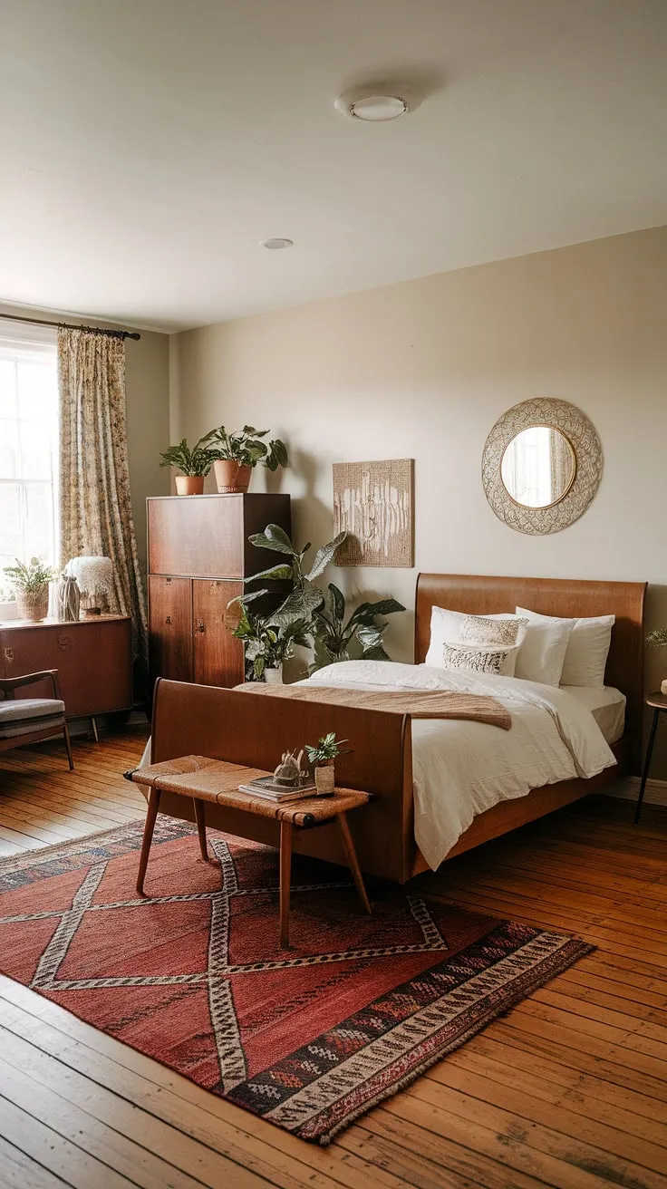 Dreamy escapes start here. This boho vintage bedroom blends vintage chic bedroom style with contemporary vintage decor, showcasing the beauty of vintage boho furniture and modern vintage decor touches.  Boho furniture finds their perfect place in this vintage bedroom ideas haven.
