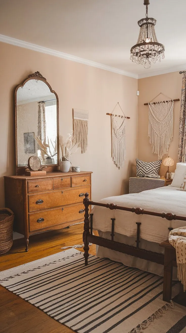 Dreamy escape in this boho vintage bedroom.  Vintage boho furniture blends seamlessly with contemporary vintage decor, creating a vintage chic bedroom that's both effortlessly stylish and wonderfully inviting.  Explore these vintage bedroom ideas for your own space.