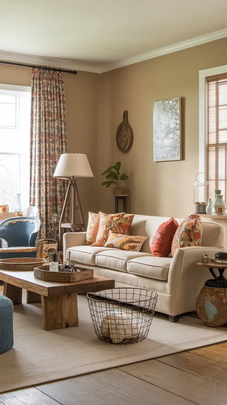 Sunlight streams into this dreamy boho living room, showcasing a blend of boho chic furniture, vintage finds, and farmhouse-inspired accents. The overall aesthetic is a perfect example of boho farmhouse style, effortlessly combining rustic charm with a free-spirited boho aesthetic decor.